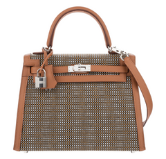 Hermès Kelly Sellier 25 Sesame Toile and Swift Leather Quadrille PHW Special Edition Bag