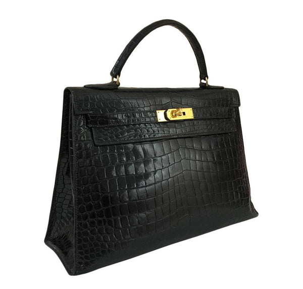 hermes kelly 32 black shiny porosus crocodile used side