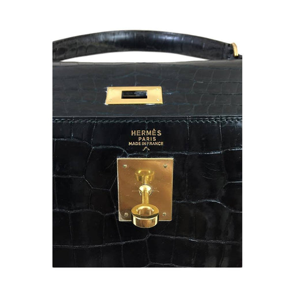 hermes kelly 32 black shiny porosus crocodile used embossing