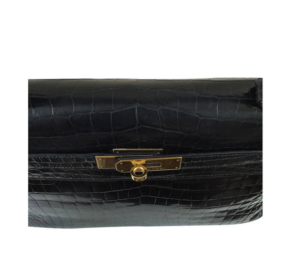 hermes kelly 32 black shiny porosus crocodile used detail