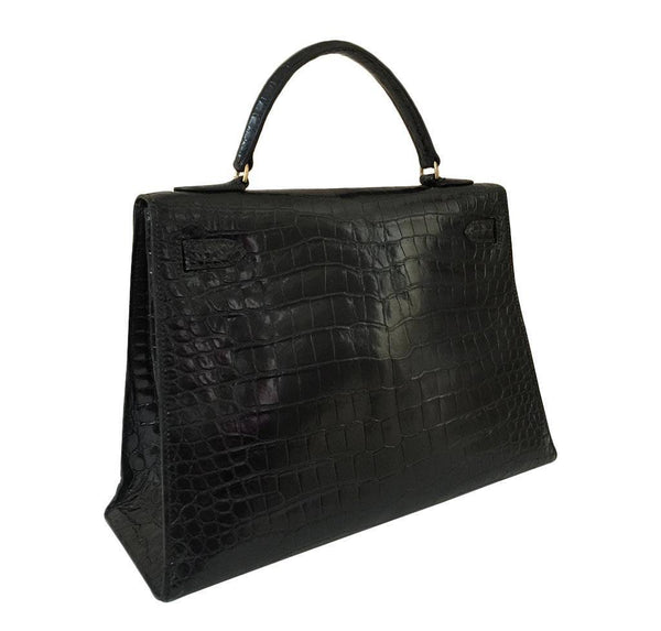 hermes kelly 32 black shiny porosus crocodile used back