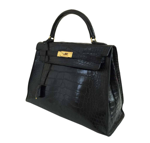 hermes kelly vintage 32 black crocodile used side