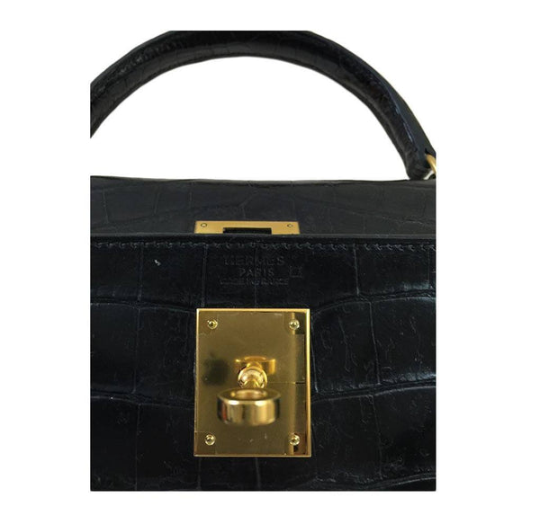 hermes kelly vintage 32 black crocodile used embossing