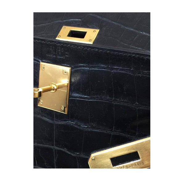 hermes kelly vintage 32 black crocodile used detail