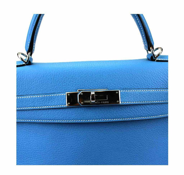 hermes kelly 32 blue jean used engraving