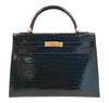 Hermes Kelly 32 Bleu Marine Porosus Crocodile gold excellent front