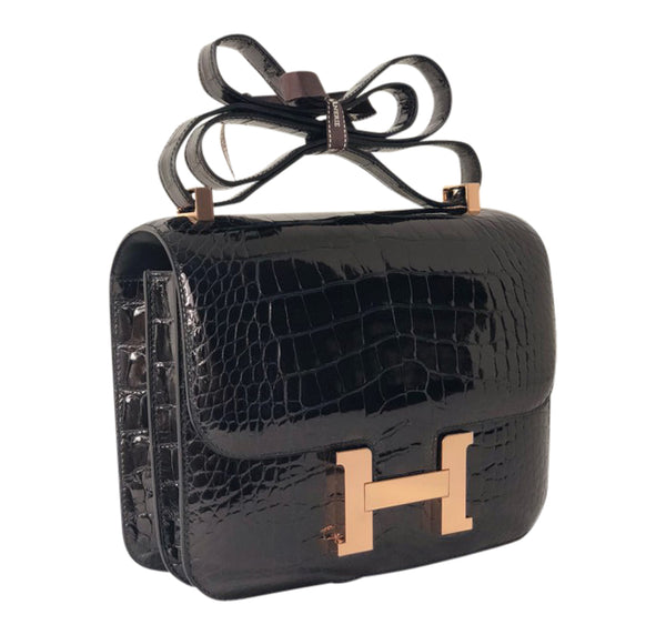 Hermes Constance 24 Alligator Noir rose gold pristine front