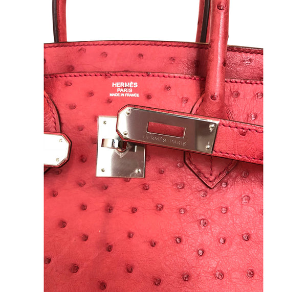 Hermes Birkin 30 Ostrich Bougainvillea Palladium very good clasp embossing