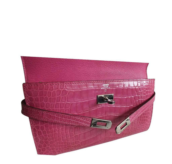 Hermes Kelly Long Wallet Clutch Fuschia Crocodile Used Open