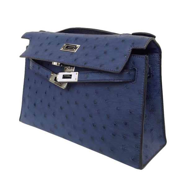 Hermes Kelly Mini Pochette Ostrich Blue Sapphire Used open side