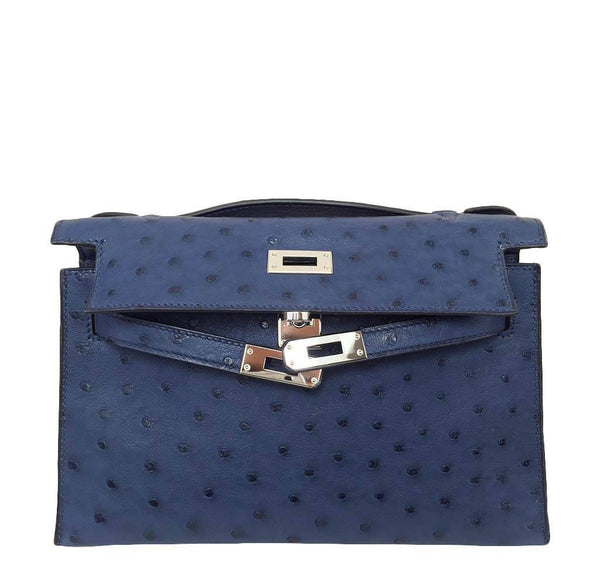 Hermes Kelly Mini Pochette Ostrich Blue Sapphire Used Open