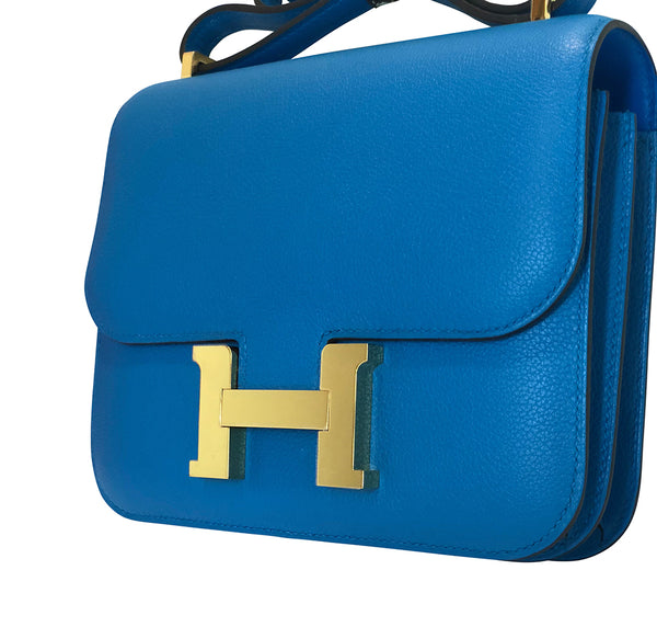 Hermes Constance Mini Blue Zanzibar Epsom Gold pristine side