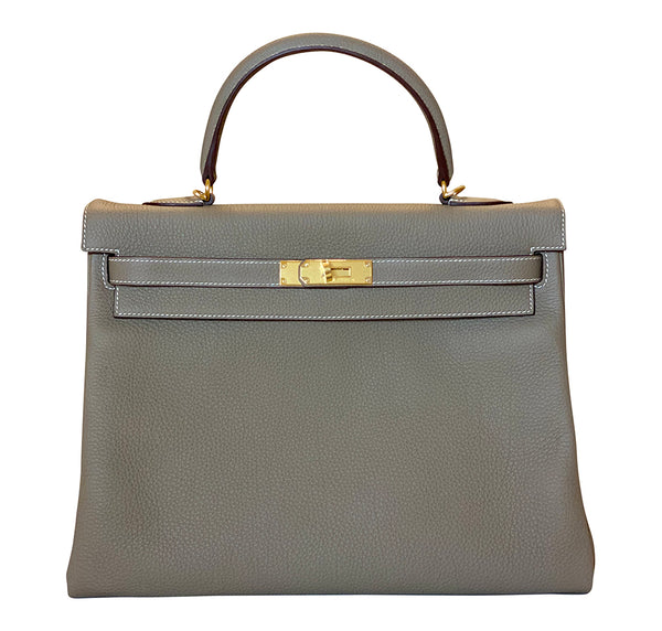 Hermès Kelly 35 Etoupe Clemence gold pristine front