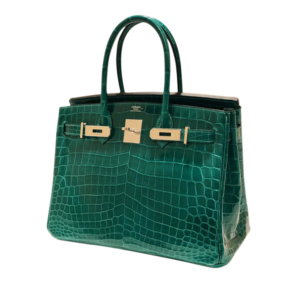 Hermes Birkin 30 Emeraude green Niloticus Crocodile Gold excellent front open right