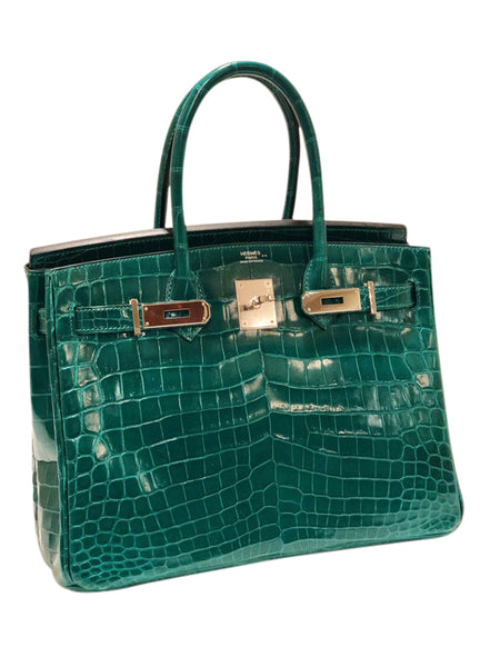 Hermes Birkin 30 Emeraude green Niloticus Crocodile Gold excellent front open left