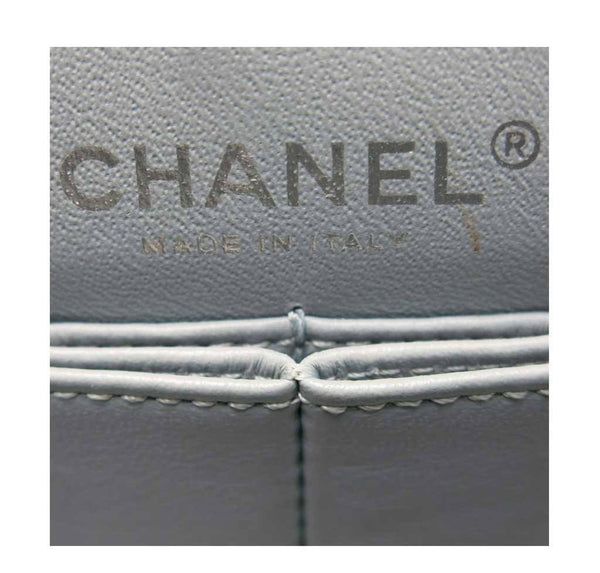 chanel double flap bag light gray used embossing