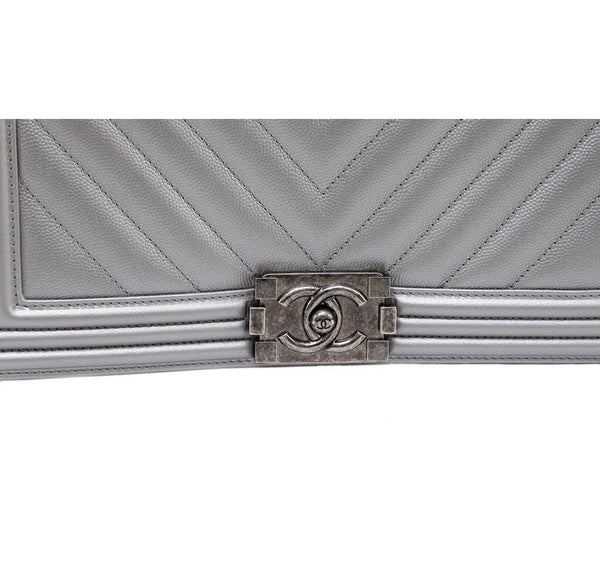 Chanel Silver Boy Bag Caviar Leather