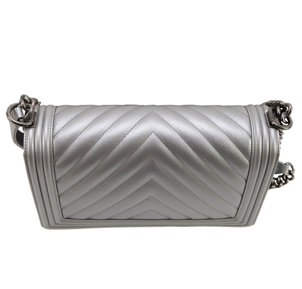 Chanel Silver Boy Bag Caviar Leather