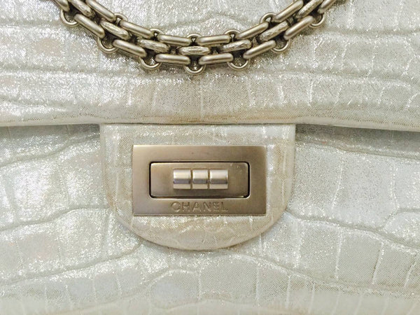 chanel reissue 2.55 bag silver metallic alligator used engraving