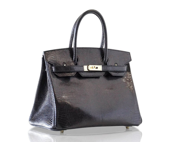 Hermès Birkin 30 Bag Noir Lizard Gold pristine side