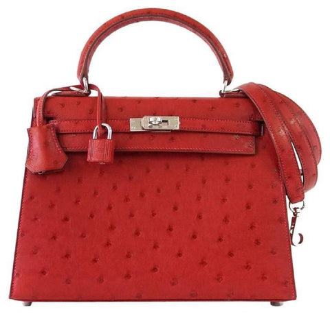 Hermes Kelly Sellier 25 Rouge Ostrich Palladium pristine front