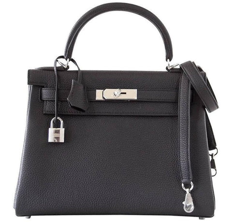 Hermes Kelly 28 Retourne Black Togo Palladium pristine front