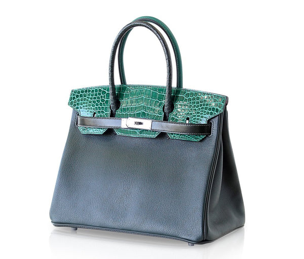 Hermes Birkin 30 Patchwork Vert Crocodile Limited Edition Palladium pristine front side right