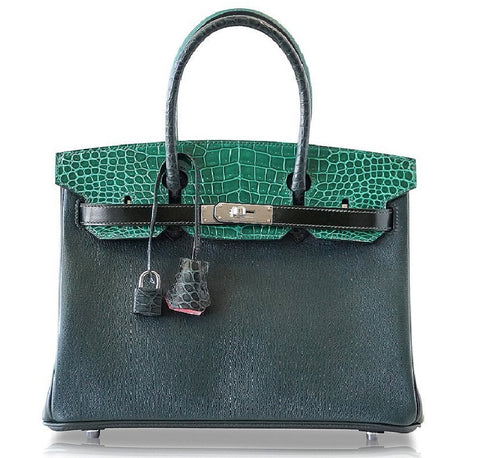 Hermes Birkin 30 Patchwork Vert Crocodile Limited Edition Palladium pristine front