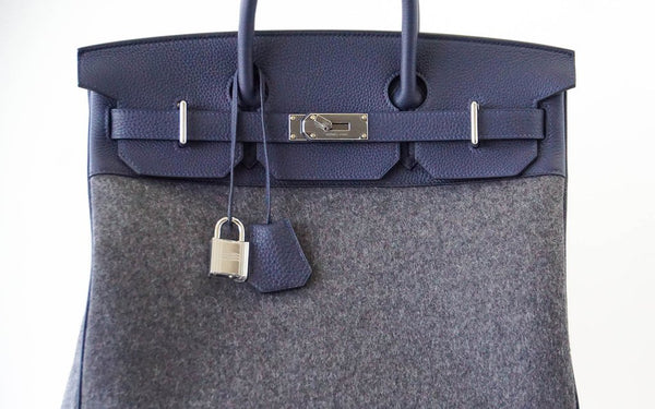 Hermes Birkin 40 HAC Gris Wool Blue Togo palladium pristine front closeup