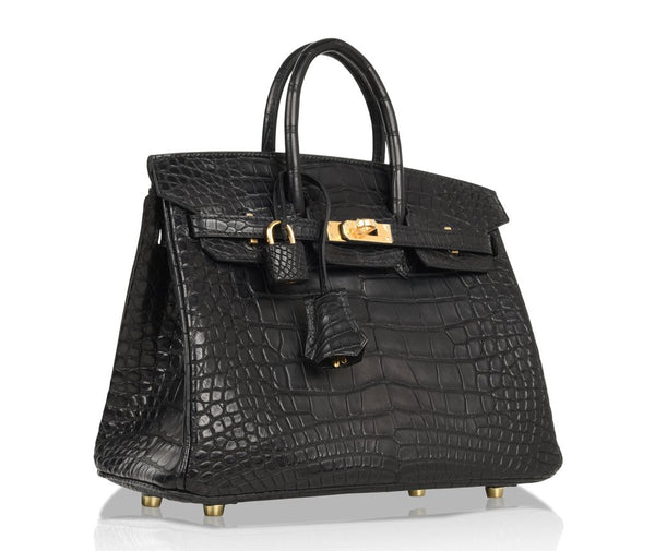 Hermes Birkin 25 Noir Alligator Bag gold pristine front side right