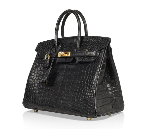 Hermes Birkin 25 Noir Alligator Bag gold pristine front side left