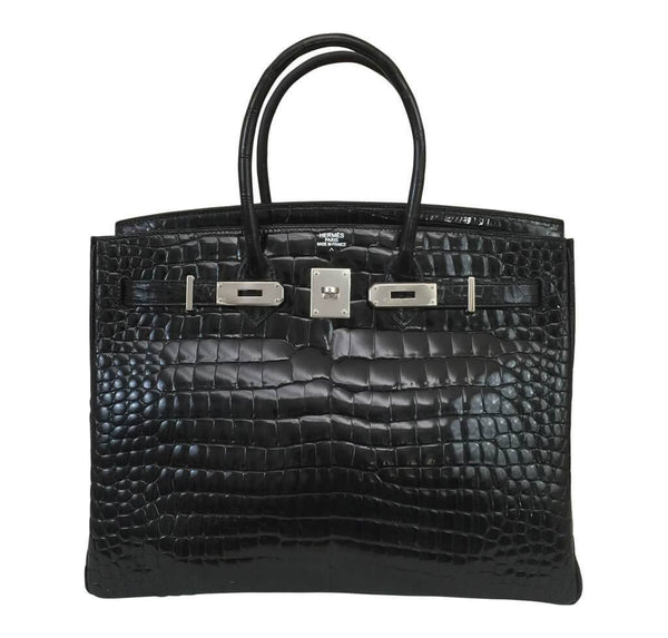 Hermes Birkin 35 Black Shiny Crocodile Used front open