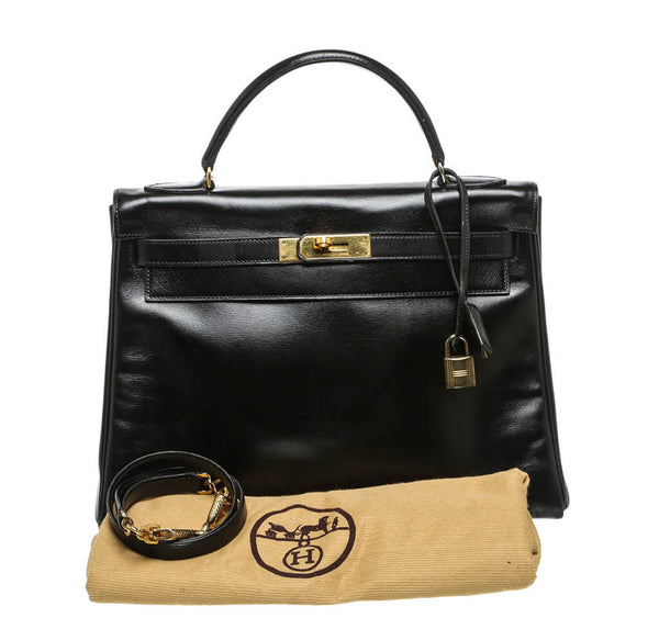 Hermes Kelly 32 Bag Noir Box Leather