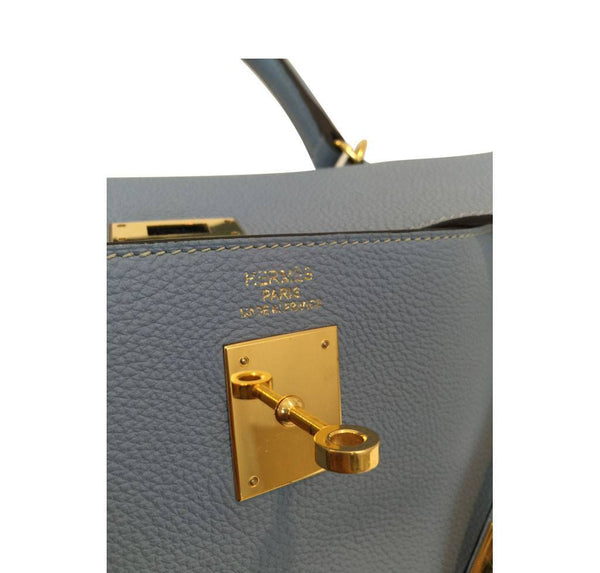 hermes kelly 35 blue lin used embossing