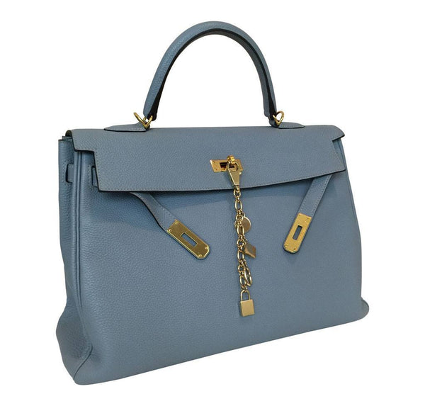 hermes kelly 35 blue lin used side open