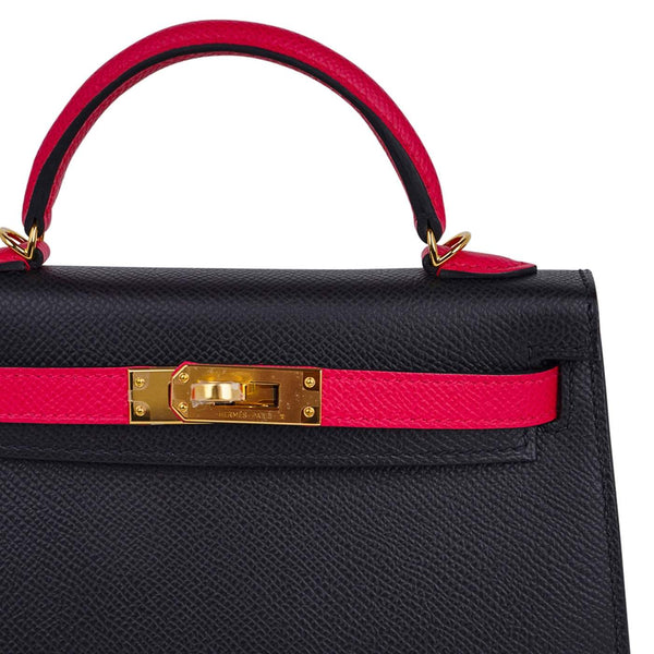 Hermes Kelly 20 Mini HSS Black Rose Extreme Gold Pristine Detail