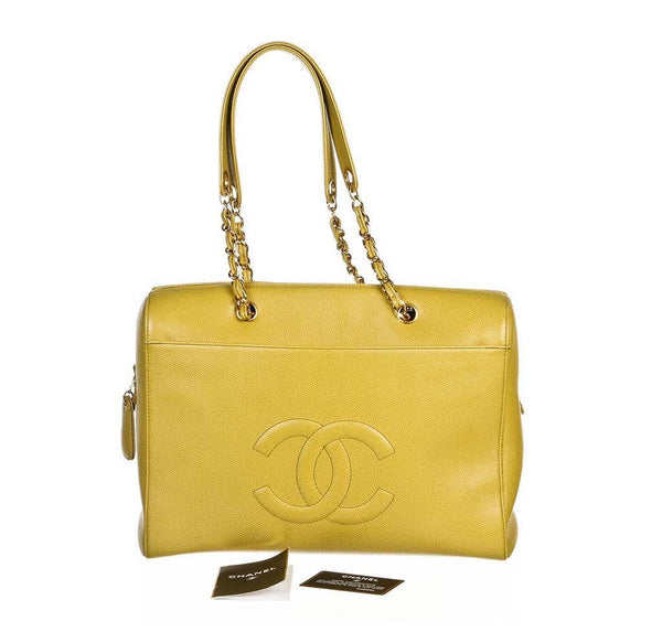 chanel large shoulder bag lime green used complete