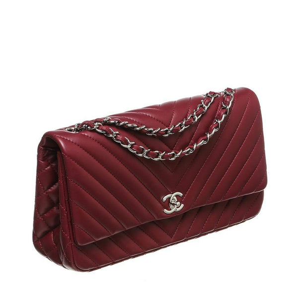 chanel jumbo classic flap bag burgundy used front side