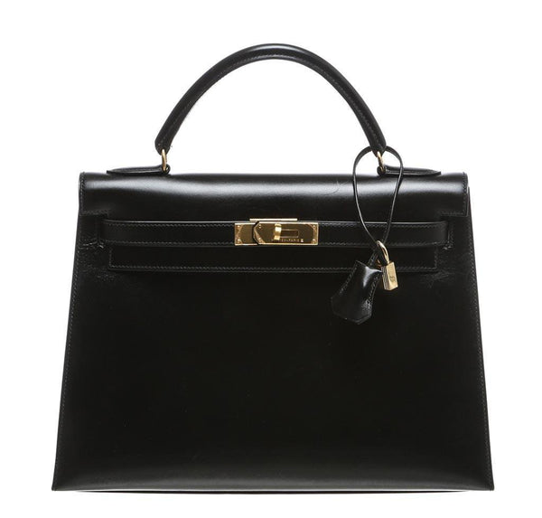 Hermes Kelly Black Box Leather Bag