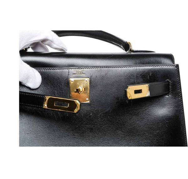 hermes kelly 32 black used engraving