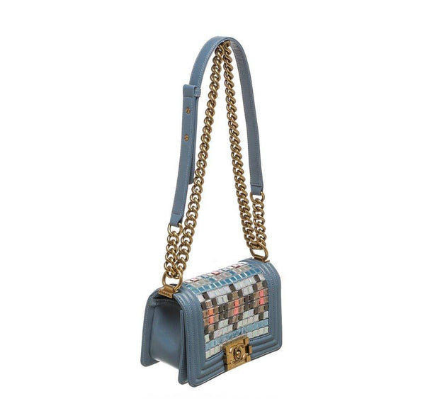 chanel boy bag mosaic light blue used side