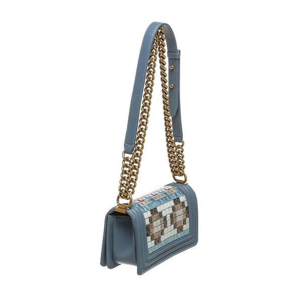 chanel boy bag mosaic light blue used back side