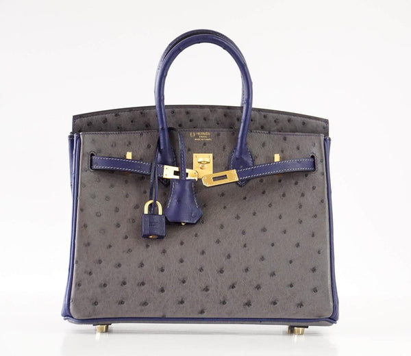 Hermes Birkin 25 HSS gris agate blue sapphire Ostrich brushed gold pristine front open