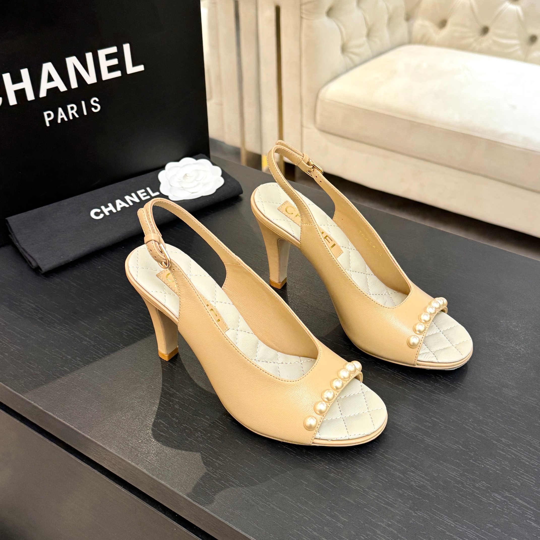 Chanel-Beige-Leather-Slingback-Sandals-with-Pearls-35To40