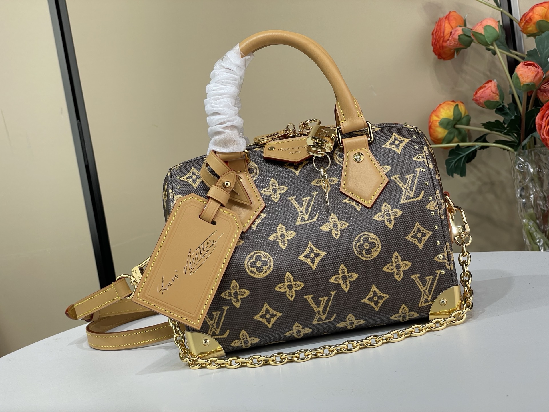 Louis-Vuitton-Sac-Speedy-Trunk-20-Shoulder-Travel-Bag-Monogram-Origine-Ebene-Canvas-M28102-20x13x11CM